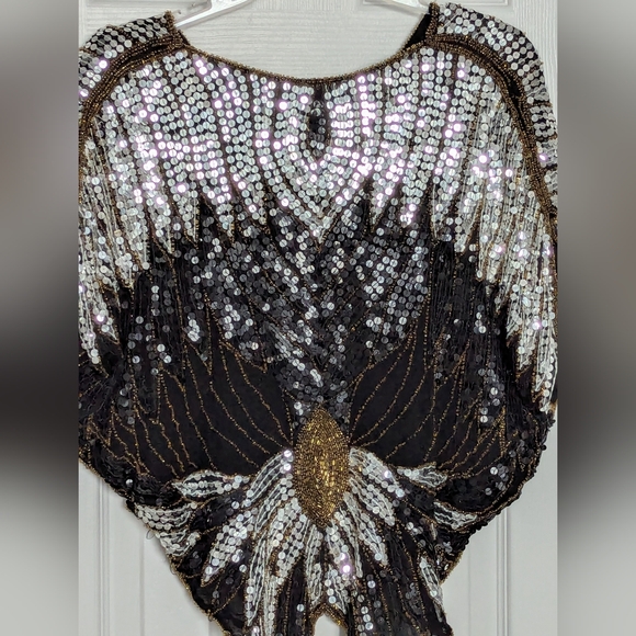 Vintage Women's 100% Silk Sequins & Beaded V-Neck Sleeveless Top/Blouse/Cape - Picture 5 of 16